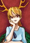  1girl a816234 absurdres antlers blonde_hair blue_shirt dragon_girl dragon_horns dragon_tail fur-tipped_tail green_scales green_tail highres horns kicchou_yachie looking_at_viewer monster_girl open_mouth red_eyes shirt short_hair smile square_neckline tail touhou turtle_shell yellow_horns 