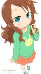  1girl brown_hair character_name closed_mouth commentary_request dated flower full_body green_eyes green_footwear green_shirt hair_flower hair_ornament hand_in_own_hair highres kobayashi-san_chi_no_maidragon light_blush long_hair long_sleeves looking_at_viewer orange_flower pleated_skirt red_skirt saikawa_riko samansa_ex shirt skirt socks solo standing white_socks 