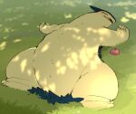  apple black_fur blush closed_eyes dorobo_93 food fruit grass lying multicolored_fur no_humans on_back on_grass open_mouth pokemon pokemon_(creature) red_apple shadow sleeping solo typhlosion yellow_fur 