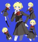  1girl aegis_(persona) black_jacket black_skirt blonde_hair blue_background blue_eyes bow bowtie full_body gekkoukan_high_school_uniform hand_on_own_hip headset highres index_finger_raised jacket looking_at_viewer looking_to_the_side melkymelkii multiple_views open_mouth persona persona_3 red_bow red_bowtie school_uniform short_hair simple_background skirt standing 