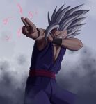  1boy ahoge arms_up commentary_request cowboy_shot dougi dragon_ball dragon_ball_super dragon_ball_super_super_hero electricity furrowed_brow gohan_beast grey_background grey_hair highres holding_own_arm huge_ahoge kihada_magulo looking_afar makankousappou male_focus muscular muscular_male outstretched_arm pectorals red_eyes sash serious simple_background sleeveless smoke solo spiky_hair standing v-shaped_eyebrows wristband 