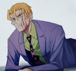  1boy blonde_hair blood blood_on_face bruise bruise_on_face clenched_teeth commentary_request diamond_wa_kudakenai highres injury jacket jojo_no_kimyou_na_bouken kira_yoshikage lying male_focus necktie on_stomach purple_jacket purple_suit shirt solo striped_clothes striped_shirt suit takumi1230g teeth upper_body violet_eyes 