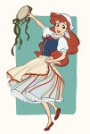  1girl apron ariel_(disney) blue_skirt border eyelashes full_body head_scarf highres holding holding_instrument instrument long_hair looking_at_viewer open_mouth puffy_short_sleeves puffy_sleeves red_footwear red_ribbon redhead ribbon short_sleeves skirt solo tambourine the_little_mermaid uochandayo white_apron white_border 