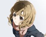  1girl :o absurdres arms_behind_back blue_coat brown_eyes brown_hair buttons clenched_teeth coat eyelashes hair_between_eyes hair_ornament hairclip highres hirasawa_yui k-on! light_blush looking_to_the_side medium_hair natsume_hinako open_mouth pink_scarf raised_eyebrows sakuragaoka_high_school_uniform scarf school_uniform simple_background solo teeth white_background winter_clothes winter_coat 
