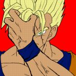  blonde_hair blue_wristband chankop dougi dragon_ball dragon_ball_z facing_viewer frown green_eyes halftone_texture highres looking_at_viewer male_focus muscular muscular_male one_eye_covered pointy_hair red_background scar scar_across_eye simple_background son_gohan_(future) super_saiyan veins 