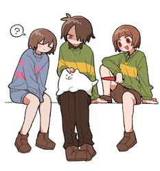 3others :d =_= ? androgynous annoying_dog blue_shorts blue_sweater blunt_bangs brown_footwear brown_hair brown_pants brown_shorts chara_(undertale) deltarune dog dog_on_lap expressionless frisk_(undertale) full_body green_sweater hair_over_one_eye heart_pendant highres holding holding_knife in-franchise_crossover jewelry knee_up knife kris_(deltarune) multiple_others no_nose one_eye_covered open_mouth other_focus pants pendant petting red_eyes shaded_face shoes short_hair shorts simple_background sitting smile spoken_question_mark sweater tadeno undertale v_arms white_background