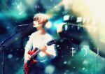  1boy absurdres artist_request blurry blurry_background bokeh copyright_name cowboy_shot depth_of_field given guitar highres holding holding_instrument instrument light_particles logo long_sleeves male_focus microphone music official_art open_mouth orange_hair playing_instrument satou_mafuyu shirt singing solo teeth white_shirt wide_shot 