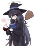  1girl alternate_costume bags_under_eyes black_hair blue_archive blue_eyes book broom crossed_bangs glasses hair_between_eyes halo hat heart highres kyarupunch long_hair potion robe ui_(blue_archive) witch witch_hat 