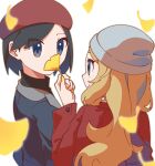  1boy 1girl beanie beret black_hair blonde_hair blue_eyes calem_(pokemon) closed_mouth eyes_visible_through_hair fingernails grey_hat hand_up hat highres holding holding_leaf leaf long_hair long_sleeves looking_at_another nail_polish omochi_(omotimotittona3) pokemon pokemon_xy red_hat serena_(pokemon) short_hair simple_background smile white_background yellow_nails 