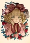  1girl absurdres blonde_hair bow closed_mouth doll_joints food fruit green_eyes hair_bow hands_on_own_face hands_up highres hinaichigo joints juliet_sleeves kugaumelo kunkun long_sleeves pink_bow puffy_sleeves rozen_maiden short_hair smile strawberry 