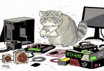  animal_focus artist_name asus closed_mouth computer full_body geforce_rtx_4090 graphics_card grey_fur ka92 monitor motherboard no_humans noctua original pallas&#039;s_cat simple_background thermal_paste white_background 