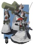 4girls absurdres aiming animal_ears apron backpack bag beret binoculars black_dress brown_eyes brown_hair cat_ears cat_girl clenched_hand dress flat_chest hat headset highres holding holding_binoculars holding_rocket_launcher holding_weapon huge_weapon jack_arms kneeling long_dress maid maid_apron making-of_available multiple_girls original photo-referenced radio_antenna red_hat rocket_launcher short_hair weapon white_apron wrist_cuffs