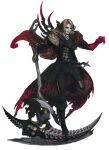  1boy alternate_form artist_request belt black_coat black_footwear black_horns black_pants black_sclera blonde_hair boots cape coat colored_extremities colored_sclera concept_art final_fantasy final_fantasy_xiv floating_cape garlean gauntlets highres holding holding_scythe horns jewelry knee_boots leg_up male_focus multicolored_hair official_art pants pendant reaper_(final_fantasy) red_cape red_eyes red_hands scythe simple_background single_gauntlet single_horn solo standing standing_on_one_leg tachi-e third-party_source third_eye torn_clothes torn_coat two-tone_hair white_background zenos_yae_galvus 