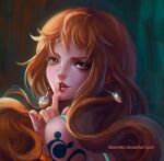  1girl arm_tattoo artist_name bare_shoulders commentary deviantart_username earrings english_commentary highres index_finger_raised jewelry long_hair looking_at_viewer nami_(one_piece) one_piece open_mouth orange_eyes orange_hair realistic rikamello smile solo tattoo web_address 