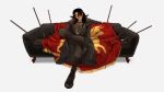  1girl armor black_hair blood blood_on_face boots caesar&#039;s_legion couch courier_(fallout_new_vegas) crossed_legs duster fallout:_new_vegas fallout_(series) flag highres javelin_(spear) long_hair on_couch smile solo tanblaque white_background 