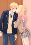  1boy 1girl 2_(tsvf3235) blonde_hair blush brother_and_sister collared_shirt gradient_hair highres incest jacket kamiyama_high_school_uniform_(project_sekai) kiss long_hair long_sleeves miyamasuzaka_girls&#039;_academy_school_uniform multicolored_hair multicolored_necktie necktie orange_eyes orange_hair pants pink_hair project_sekai school_uniform shirt short_hair siblings sidelocks skirt tenma_saki tenma_tsukasa twintails yellow_eyes 