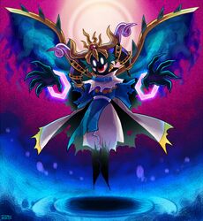  1boy abstract_background armlet belt belt_buckle belt_collar blue_belt blue_robe blue_wings buckle cape claws collar crown energy_sword extra_eyes eye_in_mouth full_body gold_crown jewelry kirby_(series) long_sleeves magolor magolor_soul male_focus master_crown mato_(mozu_hayanie) monster_boy multiple_armlets pants personification rayman_limbs red_eyes robe scarf shadow signature solid_oval_eyes solo spiked_armlet spiked_wings sword torn_cape torn_clothes torn_robe torn_scarf torn_sleeves weapon white_cape white_eyes white_pants white_scarf wings 