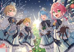  4boys :o ;d ^_^ absurdres ahoge androgynous backlighting bell black_bow black_gloves blonde_hair blue_coat blue_eyes blue_hair blue_hat bow bowtie box branch capelet chestnut_mouth christmas christmas_ornaments christmas_tree closed_eyes coat cowboy_shot diffraction_spikes earrings ensemble_stars! facing_viewer fur-trimmed_headwear fur_collar fur_trim gift gift_box gloves gradient_background green_eyes happy harukawa_sora harukawa_sora_(brancho_brancho) hat highres himemiya_tori himemiya_tori_(brancho_brancho) holding holding_gift jewelry large_bow layered_sleeves lens_flare light_blue_hair looking_at_viewer male_focus matching_outfits mini_hat multiple_boys neck_bell official_alternate_costume one_eye_closed open_mouth otoko_no_ko pink_hair pleated_capelet pleated_coat reaching reaching_towards_viewer shino_(sinotaro_) shino_hajime shino_hajime_(brancho_brancho) shiratori_aira_(brancho_brancho)_(ensemble_stars!) shiratori_aira_(ensemble_stars!) short_hair short_hair_with_long_locks shorts side-by-side smile snowing standing stud_earrings teeth upper_teeth_only white_capelet white_shorts white_sleeves wind yellow_trim 