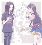  2girls bad_id bad_twitter_id bang_dream! black_hair black_shirt closed_eyes feet_out_of_frame grey_background guitar hanazono_tae hand_on_own_chest hands_up highres holding holding_microphone instrument long_hair microphone multiple_girls open_mouth own_hands_clasped own_hands_together puffy_short_sleeves puffy_sleeves shiontaso shirt short_sleeves skirt smile speech_bubble standing t-shirt translation_request wakana_rei wrist_cuffs 