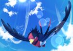  absurdres animal_focus bird clouds commentary_request day flying full_body highres kaichi_(tomiyu25) no_humans outdoors pokemon pokemon_(creature) signature sky solo swellow 