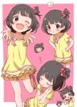  6+girls :t animal_ears black_hair blush border bow brown_eyes buchi_(y0u0ri_) cat_ears chibi chibi_inset closed_eyes closed_mouth collarbone dot_nose fake_animal_ears flat_chest hair_bobbles hair_ornament hands_on_own_hips highres idolmaster idolmaster_million_live! idolmaster_million_live!_theater_days leg_up looking_at_viewer multiple_girls multiple_views nakatani_iku one_eye_closed one_side_up open_hands open_mouth orange_skirt outside_border paw_pose pink_background pink_bow plaid plaid_bow puff_of_air rabbit_ears reaching reaching_towards_viewer red_footwear shirt shoes short_hair short_sleeves skirt sleeping smile sneakers standing standing_on_one_leg white_border yellow_shirt 