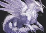  animal_focus black_background claws dragon feathered_wings from_side full_body horns mane monster no_humans original scales signature simple_background solo tail torihasiden white_eyes white_scales wings 