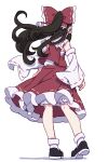  1girl absurdres bare_shoulders black_footwear black_hair bow detached_sleeves frilled_skirt frills from_behind full_body hair_bow hair_tubes hakurei_reimu highres japanese_clothes kame_(kamepan44231) long_hair nontraditional_miko red_bow red_skirt ribbon-trimmed_sleeves ribbon_trim shoes sidelocks simple_background skirt socks solo standing touhou white_background white_sleeves white_socks wide_sleeves 