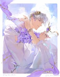  1boy absurdres blue_sky border bottle bouquet bracelet charlie_su clouds ear_piercing earrings flower gem gold_ribbon grey_hair hair_flower hair_ornament highres holding holding_bouquet jewelry light_and_night_love long_sleeves male_focus mian_zi_fangqi_wangxiang multiple_rings parted_bangs perfume_bottle piercing purple_flower purple_gemstone purple_scarf ribbon ring scarf short_hair sitting sky solo stud_earrings weibo_watermark white_border wide_sleeves 