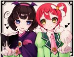  2girls alternate_hair_length alternate_hairstyle ao_(ao0_0nemu) avocado_academy_school_uniform bad_id bad_twitter_id baozi blue_eyes book brown_hair capelet closed_mouth collared_shirt commentary_request fangs food green_jacket hairband hand_up highres holding holding_book holding_food idol_time_pripara jacket kurosu_aroma long_sleeves looking_at_another multiple_girls necktie open_book open_mouth pink_hairband pink_necktie ponytail pretty_series pripara purple_capelet redhead school_uniform shiratama_mikan shirt short_hair smile upper_body white_shirt yellow_eyes 