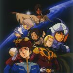  1990s_(style) amuro_ray char&#039;s_counterattack char_aznable character_request earth_(planet) gundam haro helmet key_visual lalah_sune looking_at_viewer mikimoto_haruhiko military_uniform mirai_yashima mobile_suit_gundam official_art planet promotional_art retro_artstyle salute sayla_mass scan science_fiction space spacesuit traditional_media uniform 