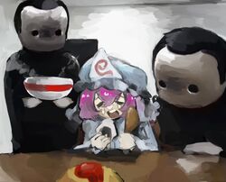  1girl 2others blank_room_soup blue_dress blue_hat bowl closed_eyes commentary_request crying dress drumsticks eating food haniwa_kue hat holding holding_bowl holding_drumsticks holding_food mob_cap multiple_others omelet omurice onigiri open_mouth pink_hair saigyouji_yuyuko short_hair steam teeth touhou triangular_headpiece upper_teeth_only 