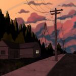  clouds commentary english_commentary giant highres horror_(theme) house jinjango monster original road sidewalk solo street sunset tree utility_pole 