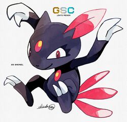  animal_ears animal_hands chieda_(mmnmymns2up) claws closed_mouth feathers full_body gem highres jumping looking_at_viewer no_humans pokedex_number pokemon pokemon_(creature) red_eyes signature simple_background sneasel solo white_background 