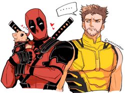  2boys beard black_hair bodysuit brown_hair claws deadpool deadpool_&amp;_wolverine deadpool_(series) dog facial_hair gloves highres male_focus marvel mask multiple_boys muscular muscular_male short_hair sleeveless superhero_costume tunamayookana weapon wolverine_(x-men) x-men 