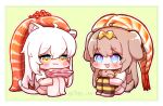  2girls :3 ahoge animal_ear_fluff animal_ears barefoot blue_eyes blush bow brown_eyes brown_hair butter_(trickcal) cat_ears cat_girl cat_tail chibi dog_ears dog_girl dog_tail fang food food_on_head hair_bow highres knees_to_chest komi_(trickcal) long_hair multiple_girls object_on_head open_mouth pillow pink_shorts ribbon shirt shorts sitting smile striped_clothes striped_thighhighs tail tane1379 thigh-highs trickcal white_hair white_shirt yellow_shirt 