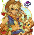  1girl absurdres apple applejack applejack_(equestria_girls) bandana bandana_around_neck bare_arms basket bead_bracelet beads belt black_belt blonde_hair bracelet brown_bracelet brown_hat brown_pants closed_mouth colored_skin commentary copyright_name cowboy_hat creature_and_personification cross-eyed dark-skinned_female dark_skin ear_piercing english_commentary floating_food food freckles fruit green_bracelet green_eyes hair_behind_ear hair_flaps halftone halftone_background hand_up hat highres holding holding_basket horse jewelry leaf looking_at_viewer lower_teeth_only mato-c midriff multiple_bracelets my_little_pony my_little_pony:_equestria_girls my_little_pony:_friendship_is_magic navel necklace open_mouth orange_bandana orange_shirt orange_skin pants piercing pointing pointing_up shirt simple_background smile sparkle teeth torn_clothes torn_shirt upper_body wide-eyed yellow_tail 