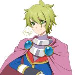  1boy amami_rantaro antenna_hair blue_jacket cape character_request closed_mouth collared_jacket copyright_request cosplay danganronpa_(series) danganronpa_v3:_killing_harmony eyelashes frilled_sleeves frills green_eyes green_hair hair_between_eyes jacket lapels long_sleeves looking_at_viewer male_focus parody pink_cape purple_shirt shirt short_hair simple_background sleeves_past_wrists smile solo style_parody turtleneck turtleneck_shirt two-sided_fabric two-sided_jacket upper_body white_background yumaru_(marumarumaru) 