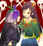  2girls black_gloves black_hair collarbone dress elbow_gloves eye_contact flower flower_on_head gloves green_shirt highres horns leaf_print long_hair looking_at_another multiple_girls nippaku_zanmu open_mouth orchid print_dress puffy_short_sleeves puffy_sleeves purple_dress red_background red_eyes shirt short_sleeves skull smile teeth touhou upper_body upper_teeth_only violet_eyes yomotsu_hisami zeikomi 