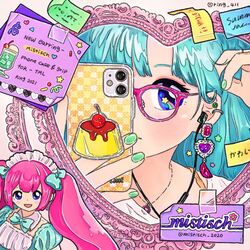  1girl blue_eyes blue_hair cellphone commentary earphones earrings figure food gem glasses green_nails heart holding holding_phone iphone jewelry long_hair looking_at_viewer mirror nail_polish original otaku phone procreate_(medium) pudding ring_411 shooting_star smartphone solo sticky_note 