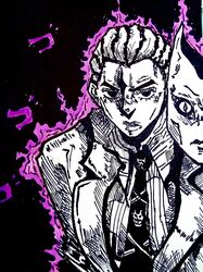  1boy 1other animal_ears aura black_background black_eyes black_hair black_necktie cat_ears diamond_wa_kudakenai empty_eyes formal greyscale hakuma_(hakuma_okyk) highres jacket jojo_no_kimyou_na_bouken killer_queen kira_yoshikage male_focus menacing_(jojo) monochrome multicolored_hair necktie shirt short_hair simple_background slit_pupils stand_(jojo) striped_clothes striped_necktie striped_shirt two-tone_hair white_hair white_jacket white_shirt 