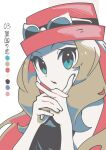  1girl blue_eyes eyewear_on_headwear hands_up hat highres light_brown_hair limited_palette long_hair looking_at_viewer omochi_(omotimotittona3) open_mouth own_hands_together pokemon pokemon_xy red_hat serena_(pokemon) solo upper_body white-framed_eyewear 