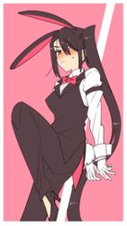  1girl alternate_costume animal_ears black_footwear black_hair black_pants bow bowtie brown_eyes collared_shirt dress_shirt fake_animal_ears higaragi high_heels highres kantai_collection long_hair nachi_(kancolle) pant_suit pants pink_background playboy_bunny rabbit_ears rabbit_tail red_bow red_bowtie shirt side_ponytail solo suit tail white_shirt wrist_cuffs 