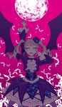  1girl :d aikatsu! aikatsu!_(series) arm_up ascot bad_id bad_twitter_id bat_(animal) bat_wings blue_eyes blunt_bangs cowboy_shot cropped_jacket dress drill_hair fangs frilled_dress frills full_moon glowing glowing_eyes gothic_lolita hand_up highres idol_clothes image_sample jacket lolita_fashion long_hair long_sleeves looking_at_viewer moon open_mouth pink_background pointing pointing_up purple_dress purple_jacket purple_wings shiontaso smile solo standing todo_yurika twin_drills twintails twitter_sample white_ascot wings 
