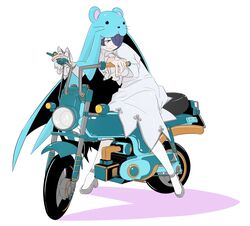  1girl blue_eyes blue_hair digimon digimon_(creature) dress full_body habit hair_over_one_eye motor_vehicle motorcycle nun riding simple_background sistermon_ciel smug solo taira_(tairamon) white_background white_dress 