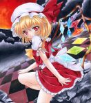 1girl ascot back_bow blonde_hair bow checkered_background clouds cloudy_sky collared_shirt crystal dutch_angle feet_out_of_frame flandre_scarlet frilled_shirt_collar frilled_sleeves frills from_side hat hat_ribbon large_bow leg_up looking_at_viewer looking_to_the_side mob_cap moon multicolored_wings outdoors puffy_short_sleeves puffy_sleeves red_eyes red_moon red_ribbon red_skirt red_vest ren_(endscape20) ribbon shirt short_sleeves skirt skirt_set sky sleeve_ribbon solo touhou traditional_media vest white_bow wings yellow_ascot 