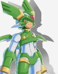  1boy ann_324 armor boots cowboy_shot crop_top facial_hair forehead_jewel green_armor green_eyes green_helmet head_wings highres looking_at_viewer mechanical_wings mega_man_(series) mega_man_zero_(series) sage_harpuia_(mega_man) shadow simple_background solo thigh_boots white_background wings 