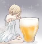  1girl alcohol bare_shoulders beer blonde_hair closed_eyes closed_mouth cup dress drinking_glass earrings hana_kaido idolmaster idolmaster_cinderella_girls jewelry mini_person minigirl shirasaka_koume short_hair sitting solo sparkle white_dress 