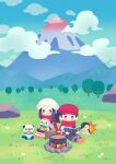  1boy 1girl akari_(pokemon) book campfire chibi chibi_only closed_mouth clouds cooking_pot cyndaquil hat head_scarf highres holding holding_book mountain on_grass oshawott outdoors pokemon pokemon_legends:_arceus red_hat red_scarf rei_(pokemon) rock rowlet sandals scarf sitting smile solid_oval_eyes sunakuraiori tree white_scarf 