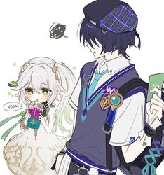  1boy 1girl :3 alternate_costume aqua_necktie aqua_trim bag bare_shoulders belt beret black_belt blunt_ends blush bracelet braid cape card coffee collared_shirt covered_eyes cross-shaped_pupils cup disposable_cup double-parted_bangs dress drinking drinking_straw genshin_impact gradient_hair green_cape green_eyes green_hair grey_vest hair_between_eyes hair_intakes hair_ornament hand_in_pocket happy hat highres holding holding_card iced_coffee jewelry leaf leaf_hair_ornament looking_at_another looking_down multicolored_hair multicolored_vest nahida_(genshin_impact) neck necktie official_alternate_costume parted_lips plaid_clothes plaid_headwear pointy_ears pom_pom_(clothes) purple_hair purple_necktie scaramouche_(genshin_impact) shirt short_sleeves shoulder_bag side_braid side_ponytail sidelocks single_braid sp0i0ppp symbol-shaped_pupils vest vision_(genshin_impact) wanderer_(genshin_impact) wanderer_(mega_mgc_coffee)_(genshin_impact) white_background white_dress white_hair white_shirt white_sleeves white_trim wrist_cuffs wristband wristlet 