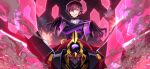  1boy artist_request ascot black_gloves black_hair black_sky coat code_geass code_geass:_lost_stories crossed_arms energy_barrier energy_shield explosion extra_eyes eye_trail game_cg geass gloves glowing glowing_eye glowing_eyes grin hair_between_eyes hands_up happy highres lelouch_vi_britannia light_trail long_sleeves looking_at_viewer male_focus mecha night non-web_source official_art outdoors purple_coat red_eyes robot shinkirou short_hair sidelocks sky smile smoke solo straight-on teeth underlighting upper_body v-shaped_eyebrows violet_eyes white_ascot zero_(code_geass) 